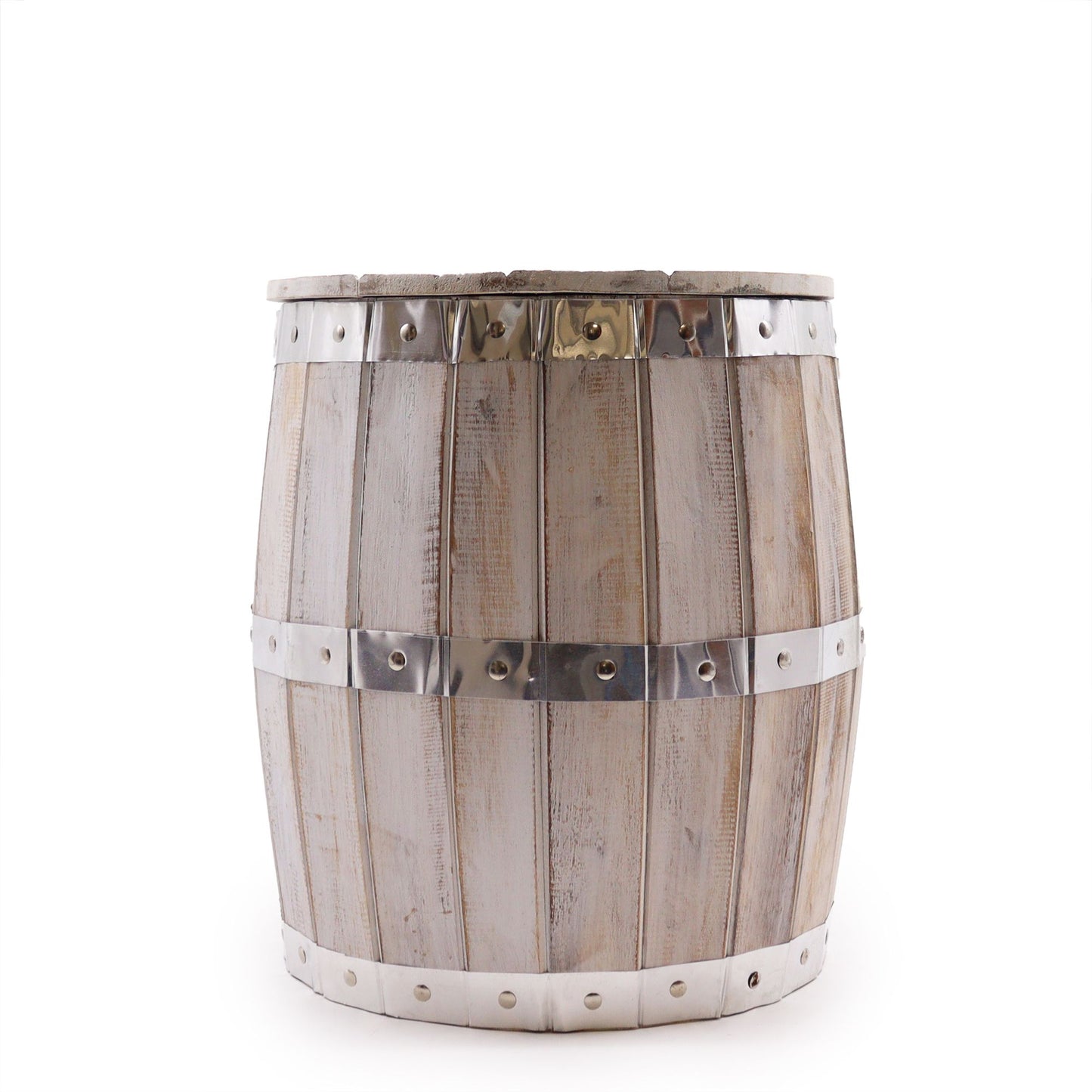 Hocker aus Bierfass-Optik mit Staufach - Weißlasur-Finish
