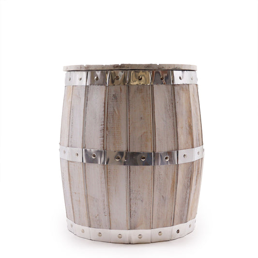 Hocker aus Bierfass-Optik mit Staufach - Weißlasur-Finish