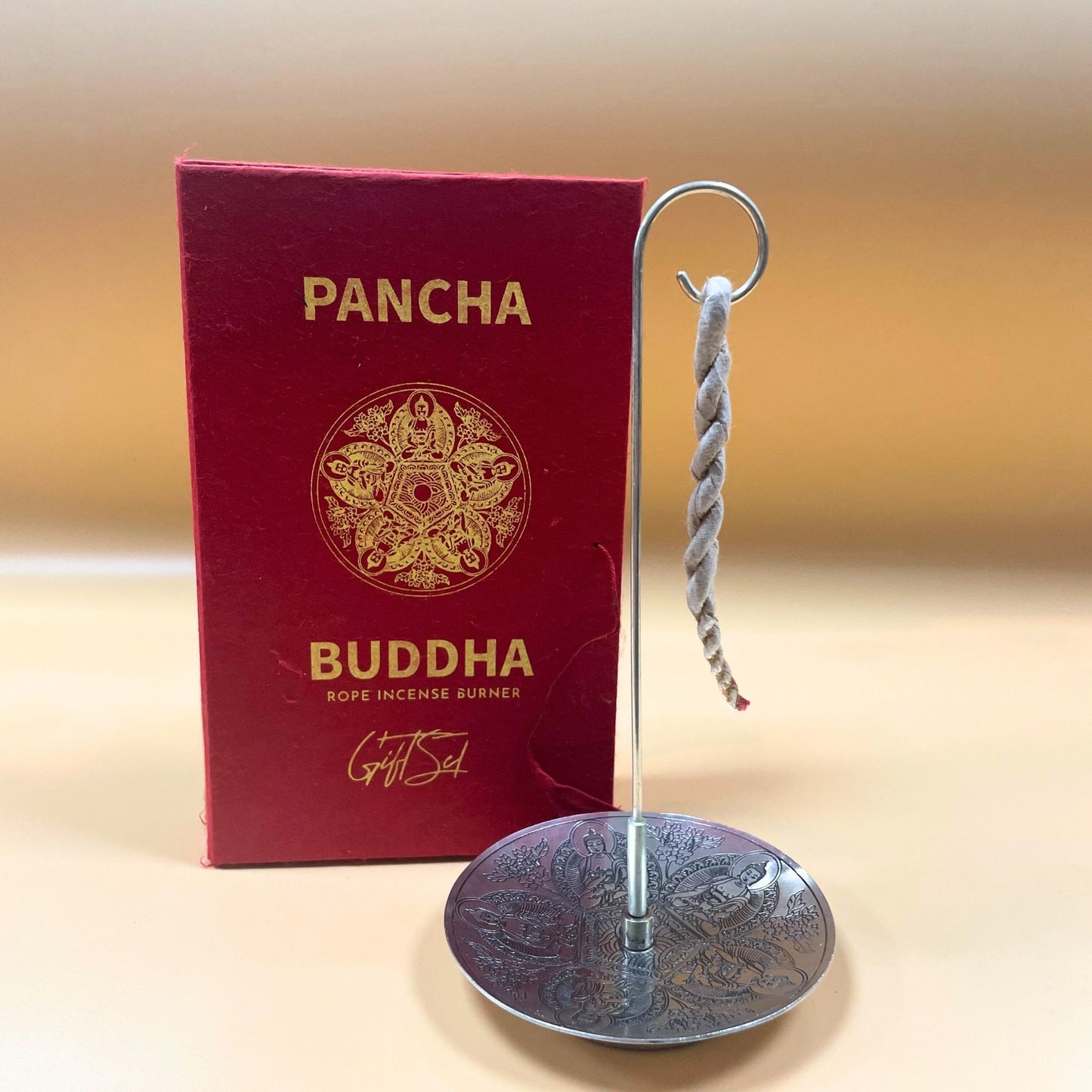 Pancha Buddha Räucherschnur-Set mit versilbertem Halter – 10 Schnüre in Geschenkbox