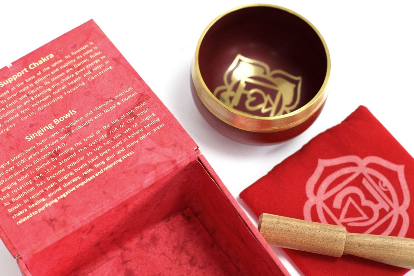 Klangschalen-Set für das Wurzelchakra in Rot – Aus Messing mit Holzschlägel