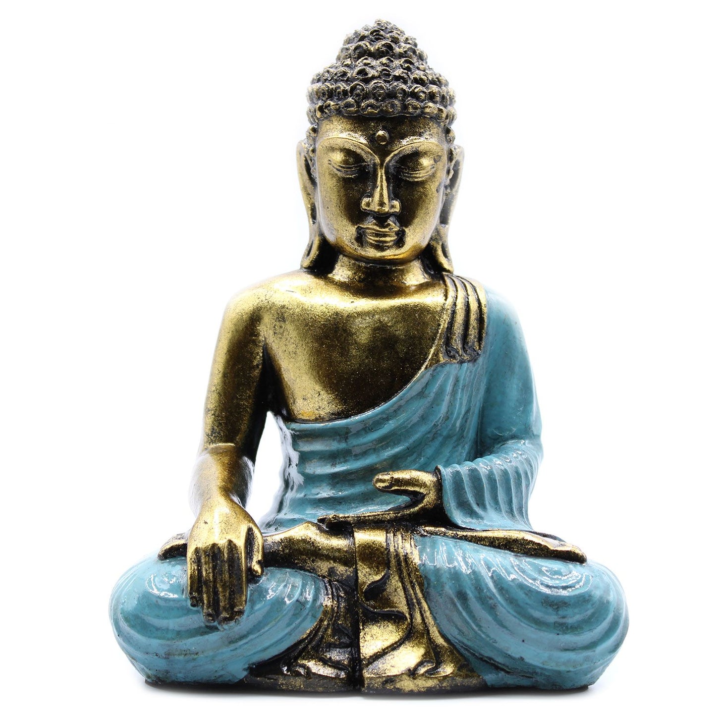 Handbemalte Buddha-Statue in Türkis & Gold - Symbol der inneren Ruhe