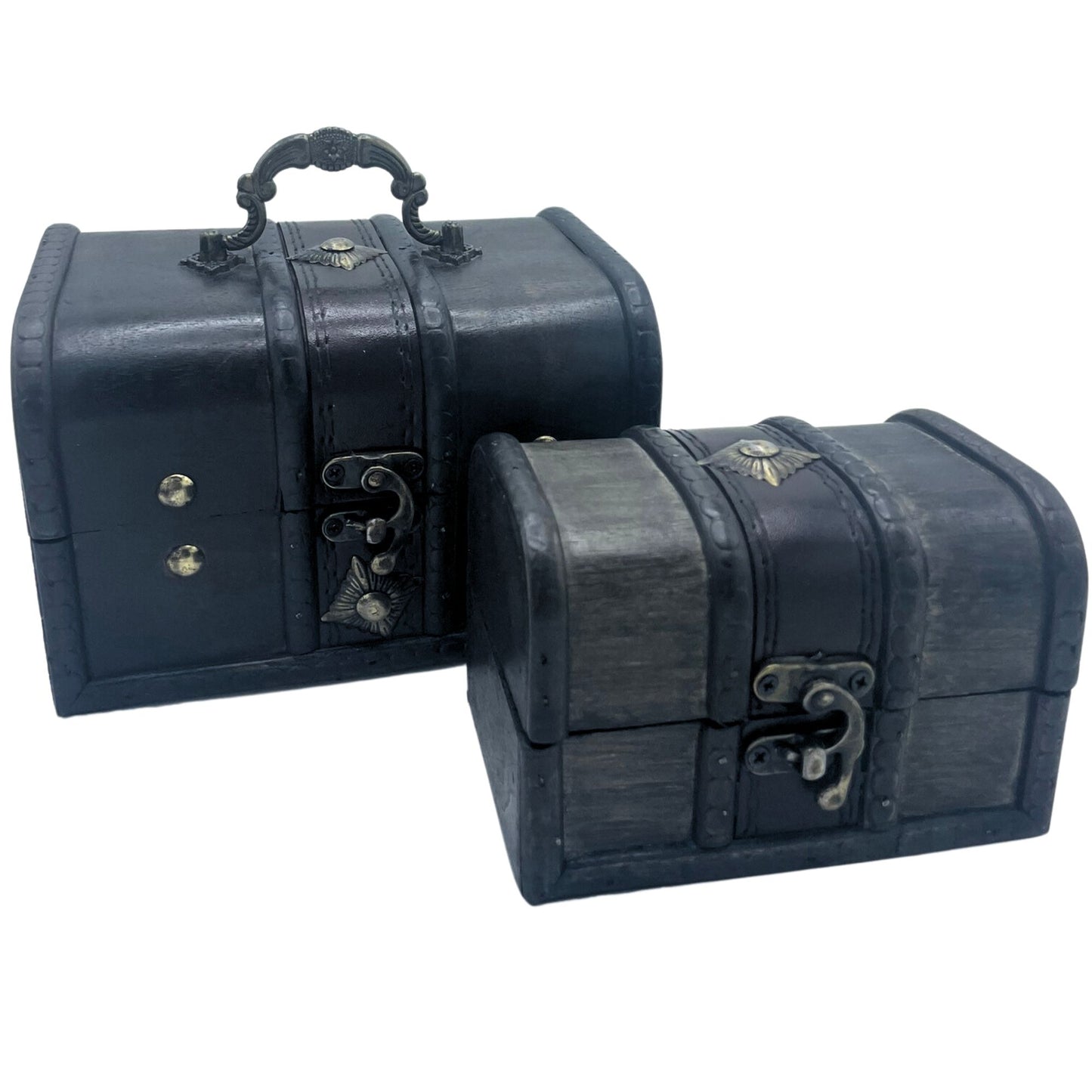 Set mit 2 grauen Schatztruhen im Kolonialdesign - Vintage Aufbewahrungsboxen