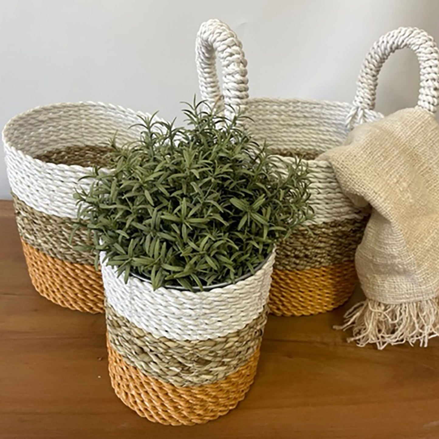 Set aus 3 handgeflochtenen Seegras-Körben in Orange, Natur & Weiß