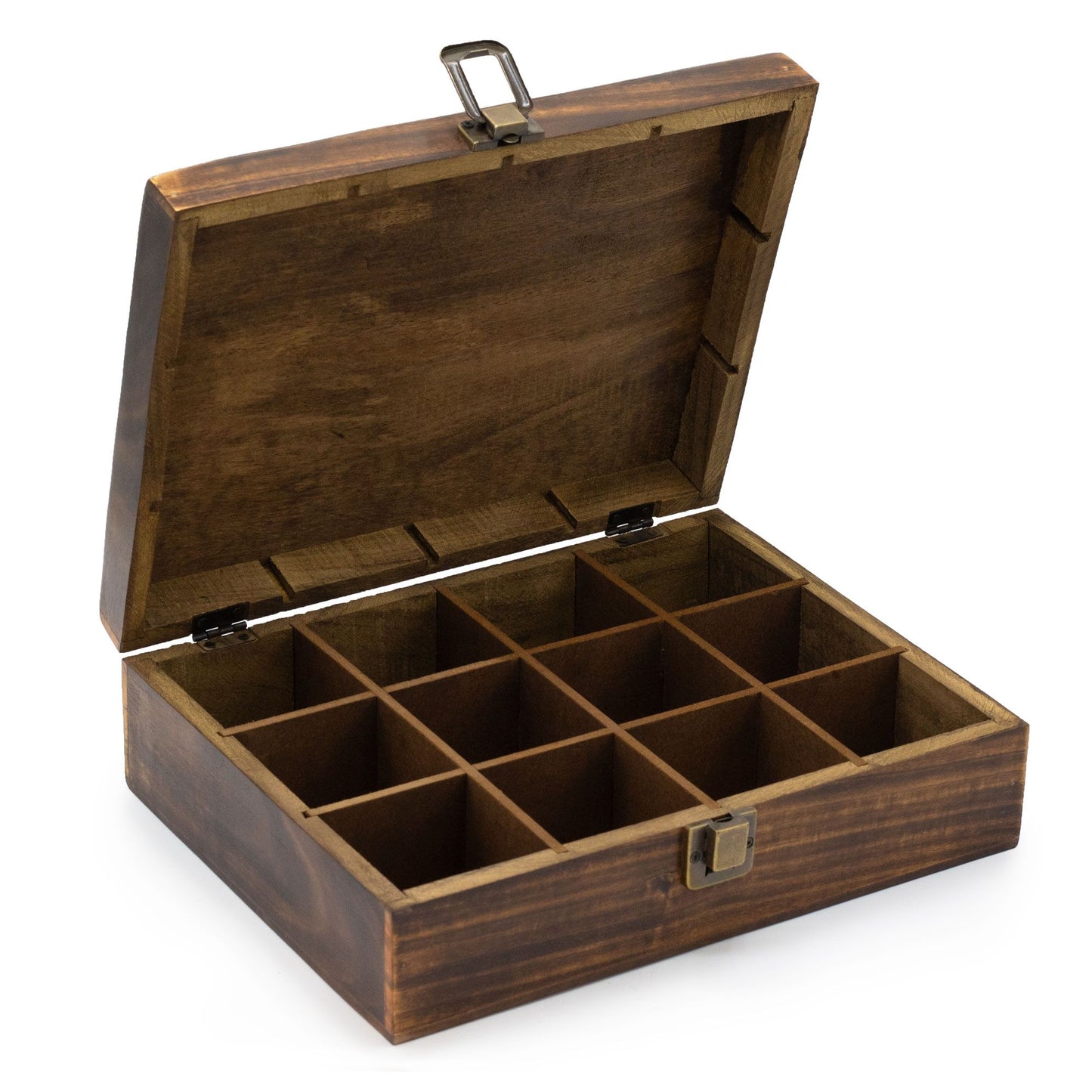Mangoholz Teeorganizer mit 12 Fächern – Handgeschnitzt mit Messingverschluss