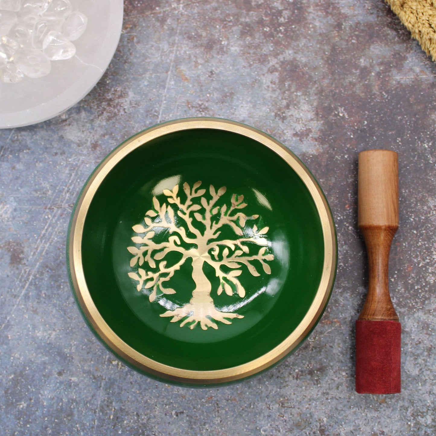 Klangschalen-Set 'Baum des Lebens' in Grün - 14 cm mit Holzschlägel