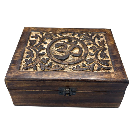 Große Erinnerungsbox aus Mangoholz mit Om-Symbol – 20 x 15 x 7,5 cm