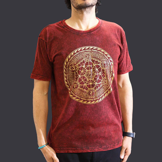 Chakra T-Shirt in Bordeaux – Handgefertigt aus steingewaschener Baumwolle
