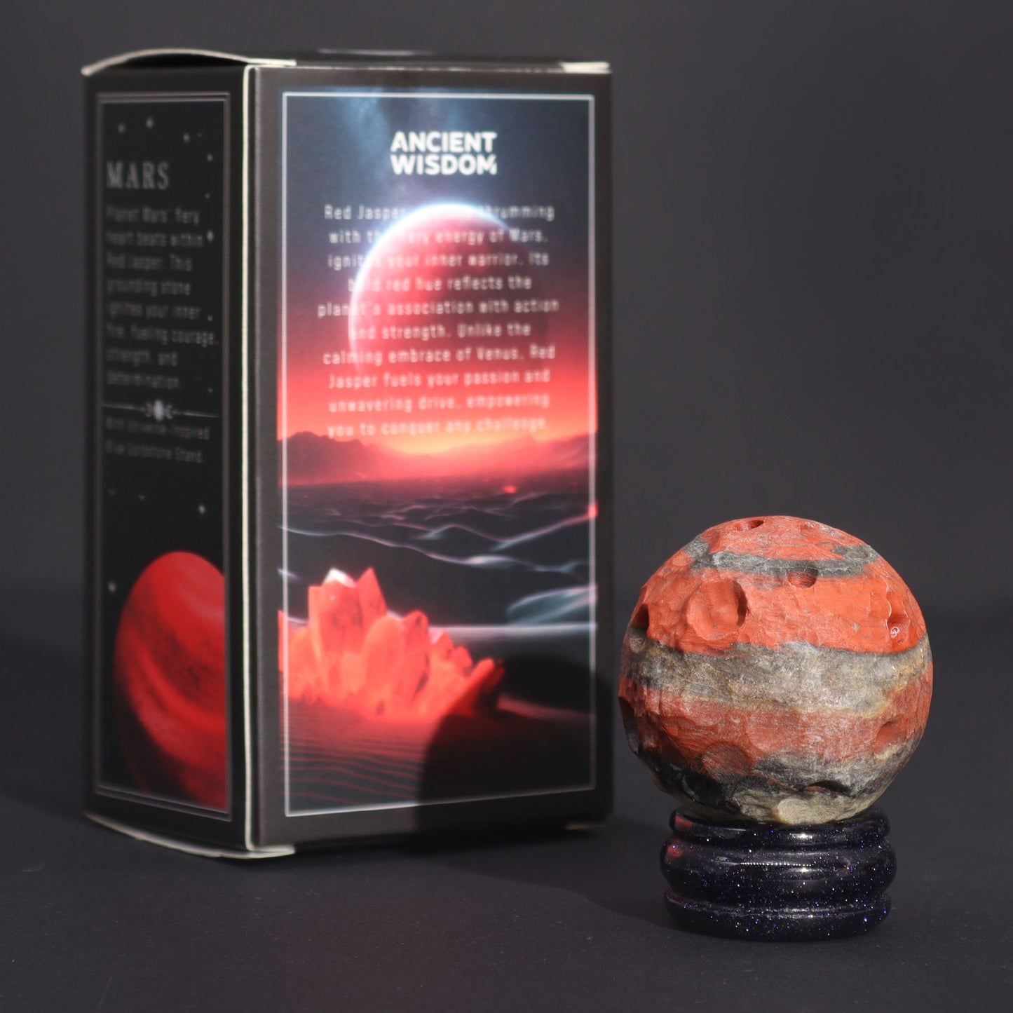 Mars-Planet aus Rotjaspis 40mm - Edelsteinkugel auf Goldfluss-Sockel