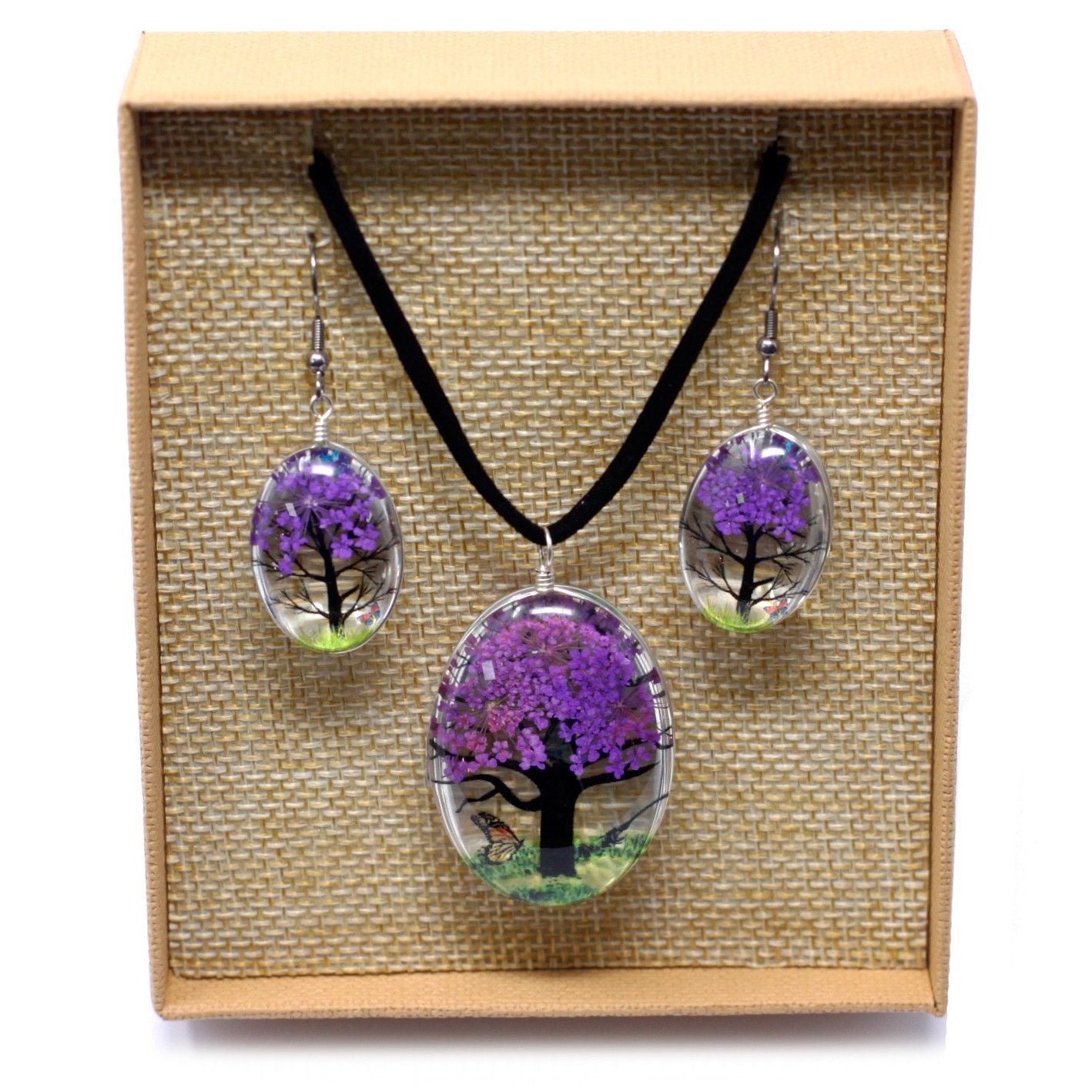 Schmuckset 'Baum des Lebens' mit echtem Lavendel – Halskette & Ohrringe