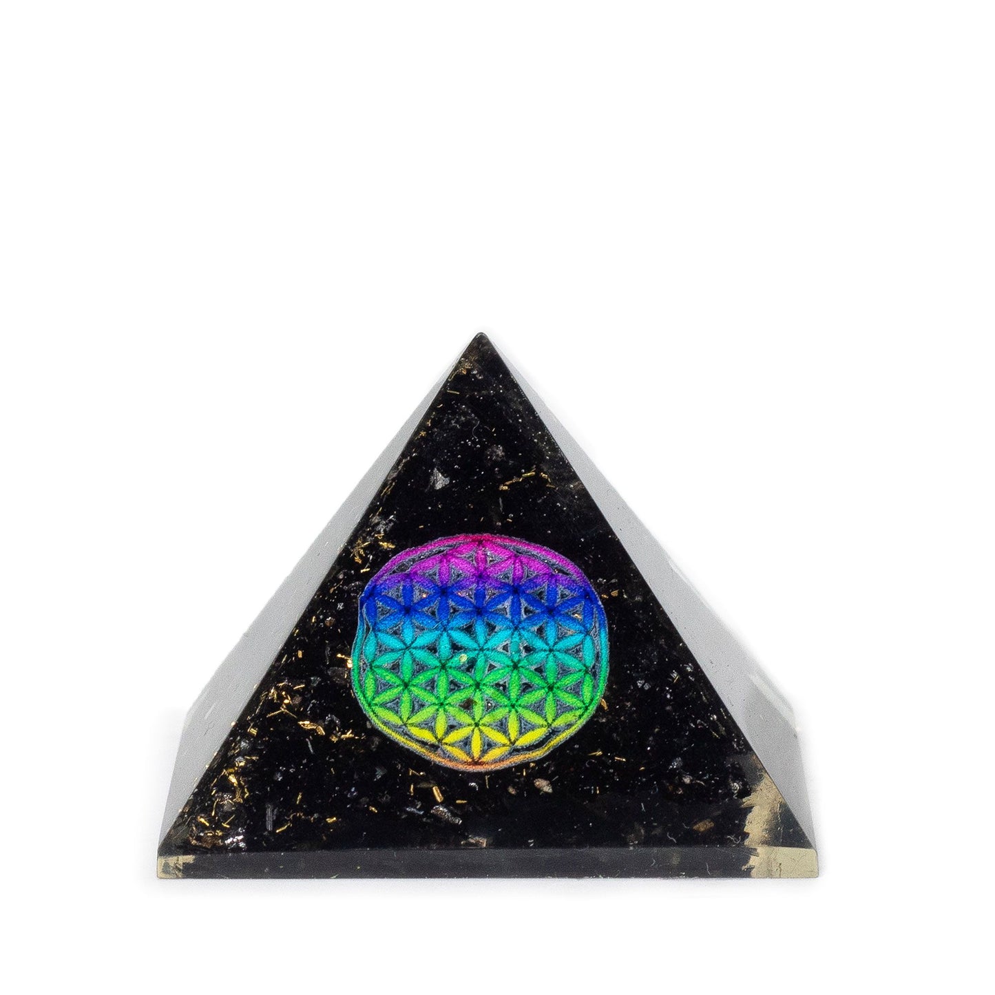 Orgonit-Pyramide 'Flower of Life' mit schwarzem Turmalin – Handgefertigte Raumharmonie