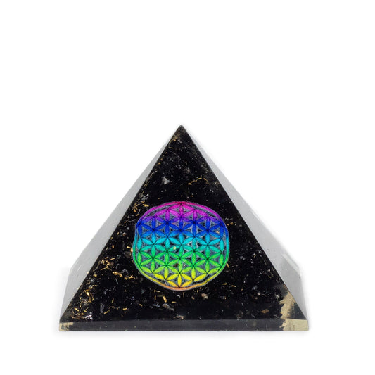 Orgonit-Pyramide 'Flower of Life' mit schwarzem Turmalin – Handgefertigte Raumharmonie