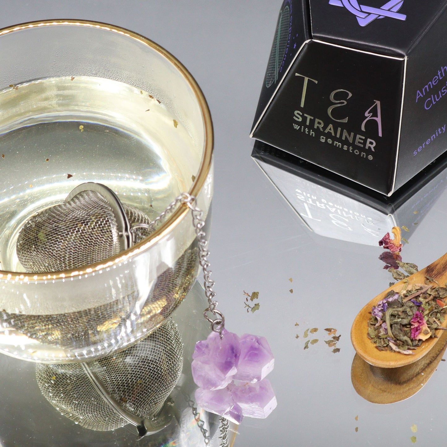 Teesieb mit Amethyst-Drusen – Edelstahl-Infuser für spirituelle Momente