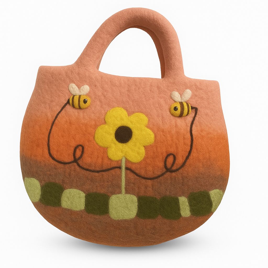 Filztasche 'Sonnenblumen & Bienen' – Handgefertigte Wolltasche 35 x 27 cm