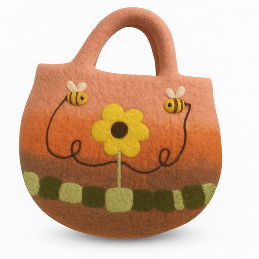Filztasche 'Sonnenblumen & Bienen' – Handgefertigte Wolltasche 35 x 27 cm