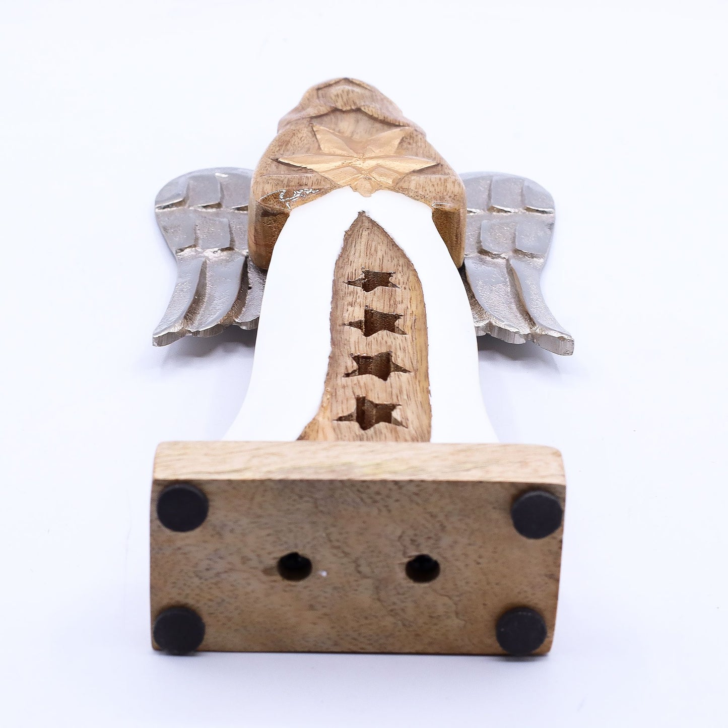 Handgeschnitzter Engel mit Stern – Skulptur aus Mangoholz und Metall