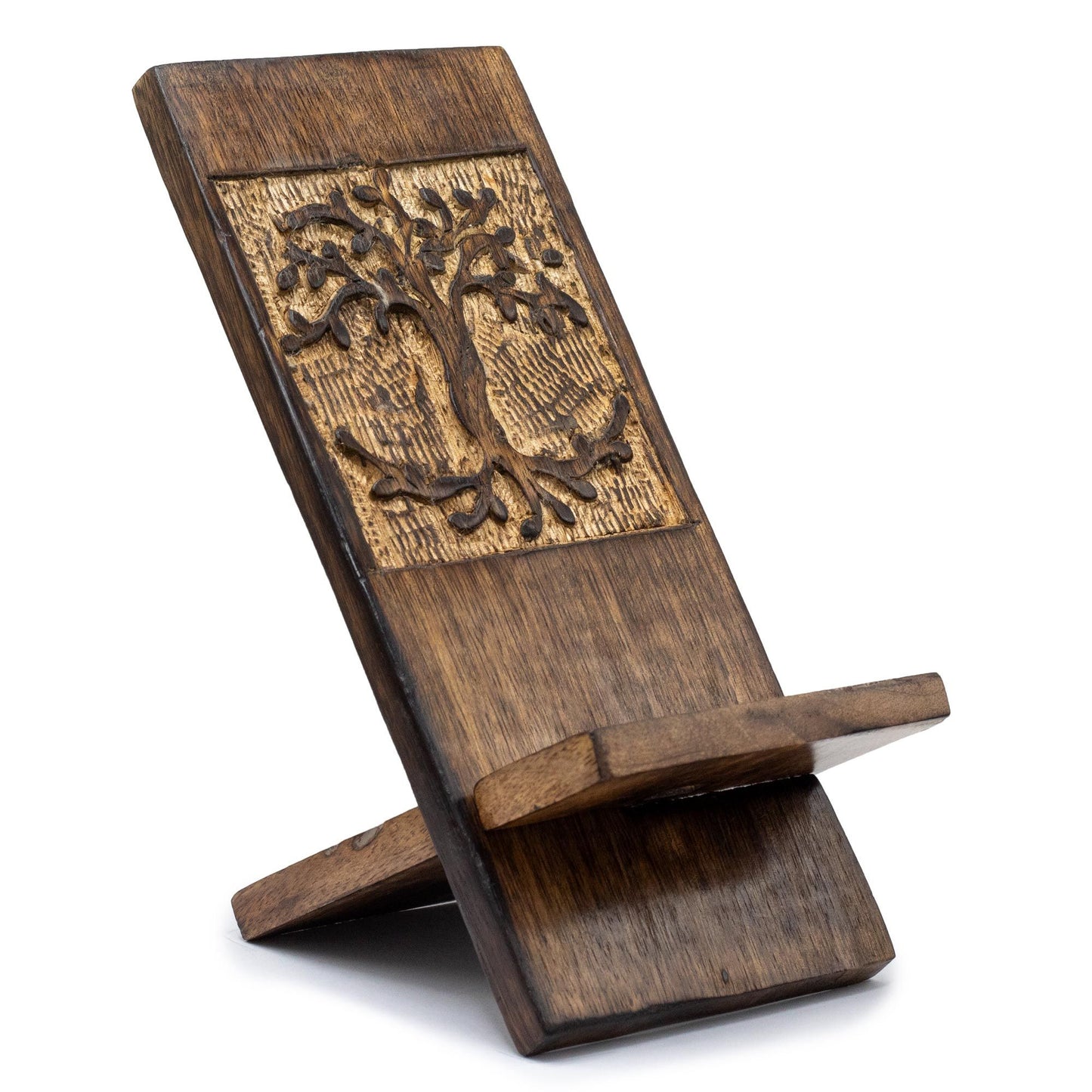 Handyhalter aus Mangoholz mit Lebensbaum-Motiv – Natürliche Deko für Ihr Smartphone
