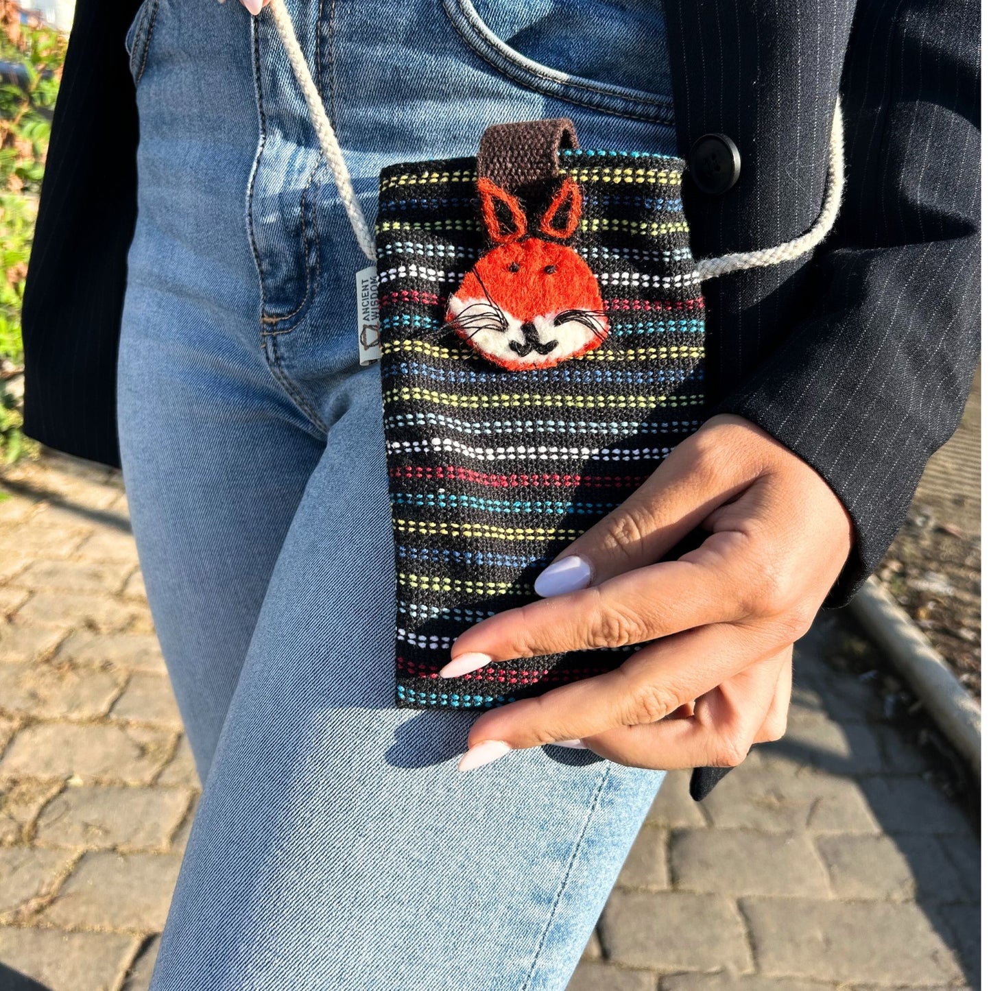 Handyhaltertasche mit Fuchs-Applikation – Fröhliches Streifendesign aus Baumwolle