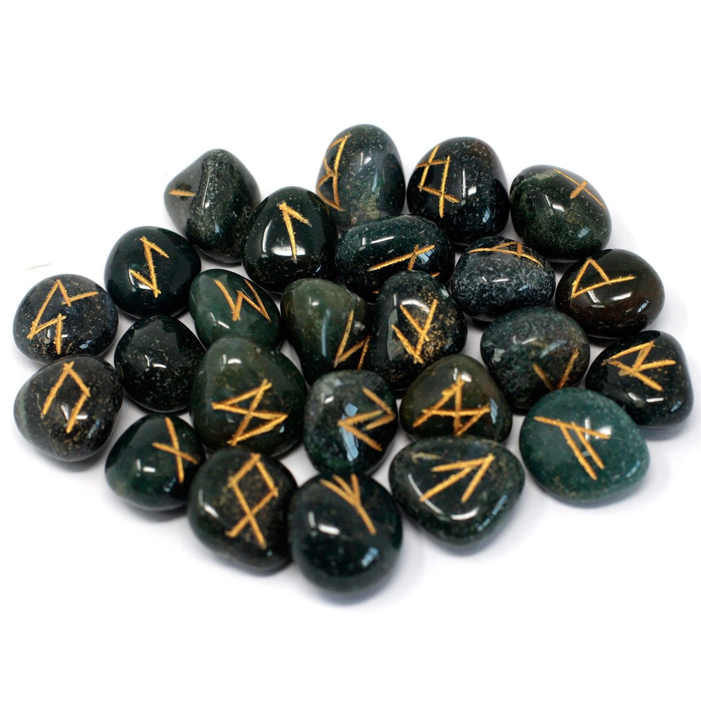 Runenset aus Bloodstone (25 Steine) – Handgravierte Orakelsteine mit Baumwollbeutel