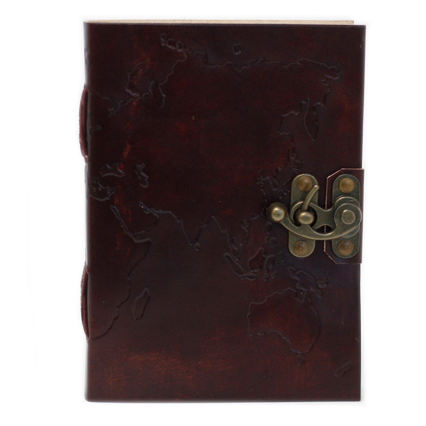 Handgefertigtes Ledernotizbuch mit Weltkarte & Stickerei – 18x13 cm