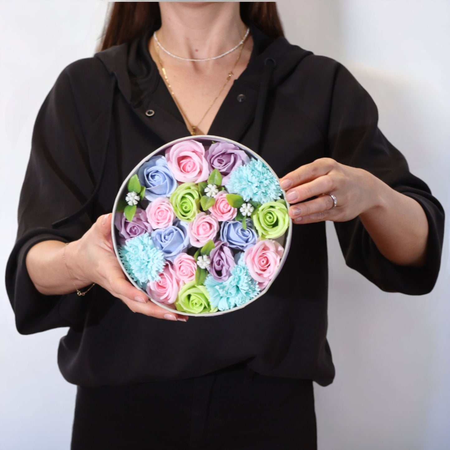 Seifenblumen-Geschenkbox 'Baby Blessings' in Blau - Fertiges Arrangement