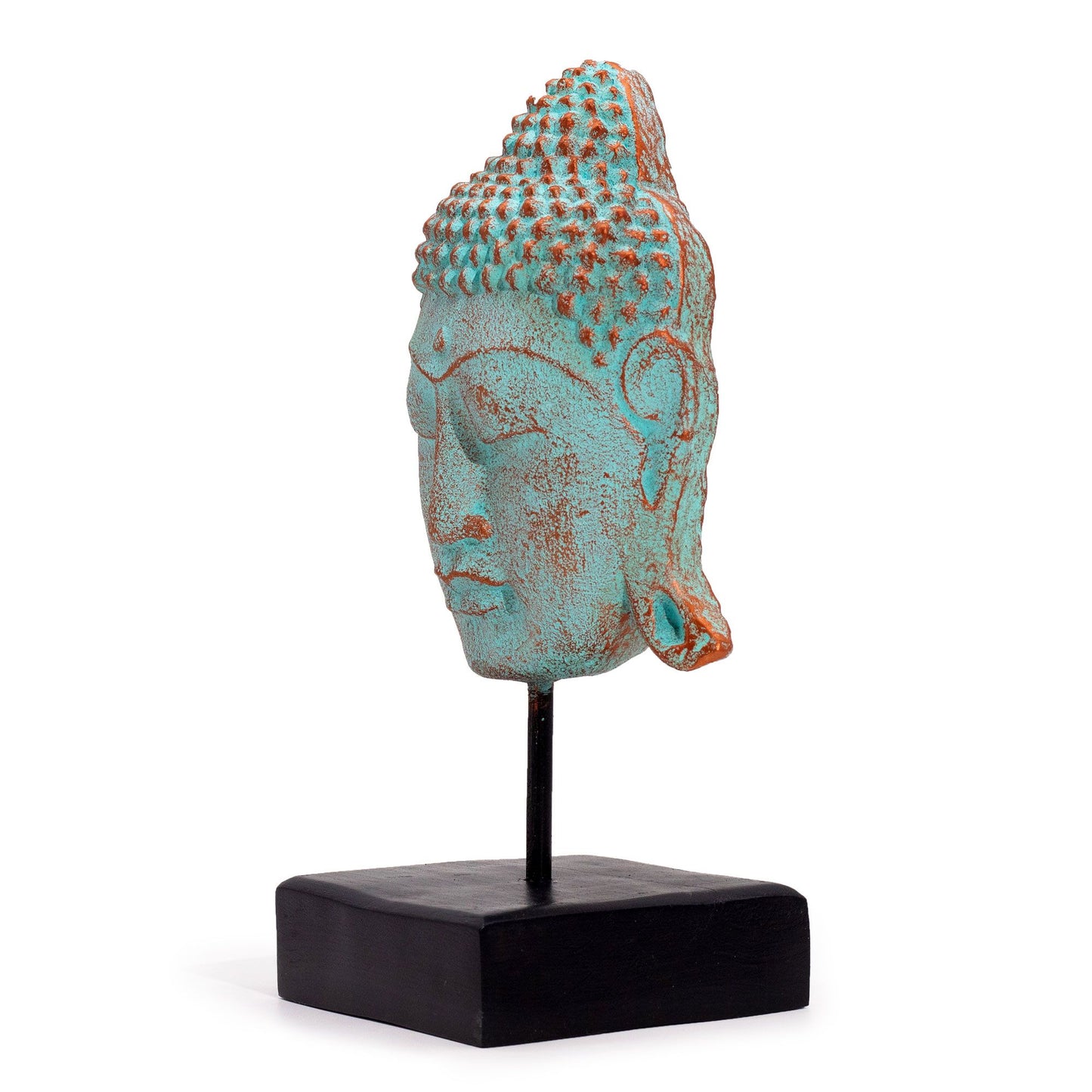 Großer Buddha-Kopf 'Serenity' auf Holzständer - Grünkupfer-Patina
