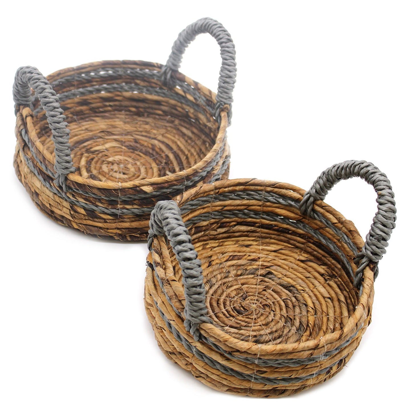 Set aus 2 grauen Raffia-Körben mit Bananenblatt-Dekor – Handgeflochten, 30x30x25 cm