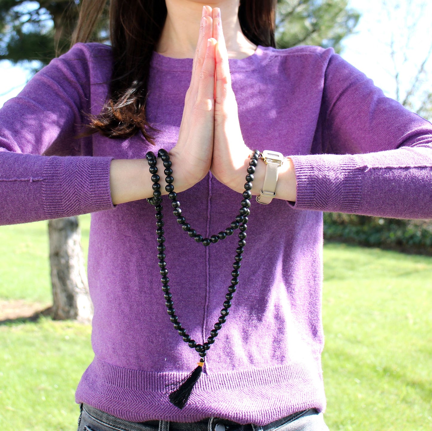 Mala aus natürlichem Schwarzachat – 108 Perlen für Meditation & Stil