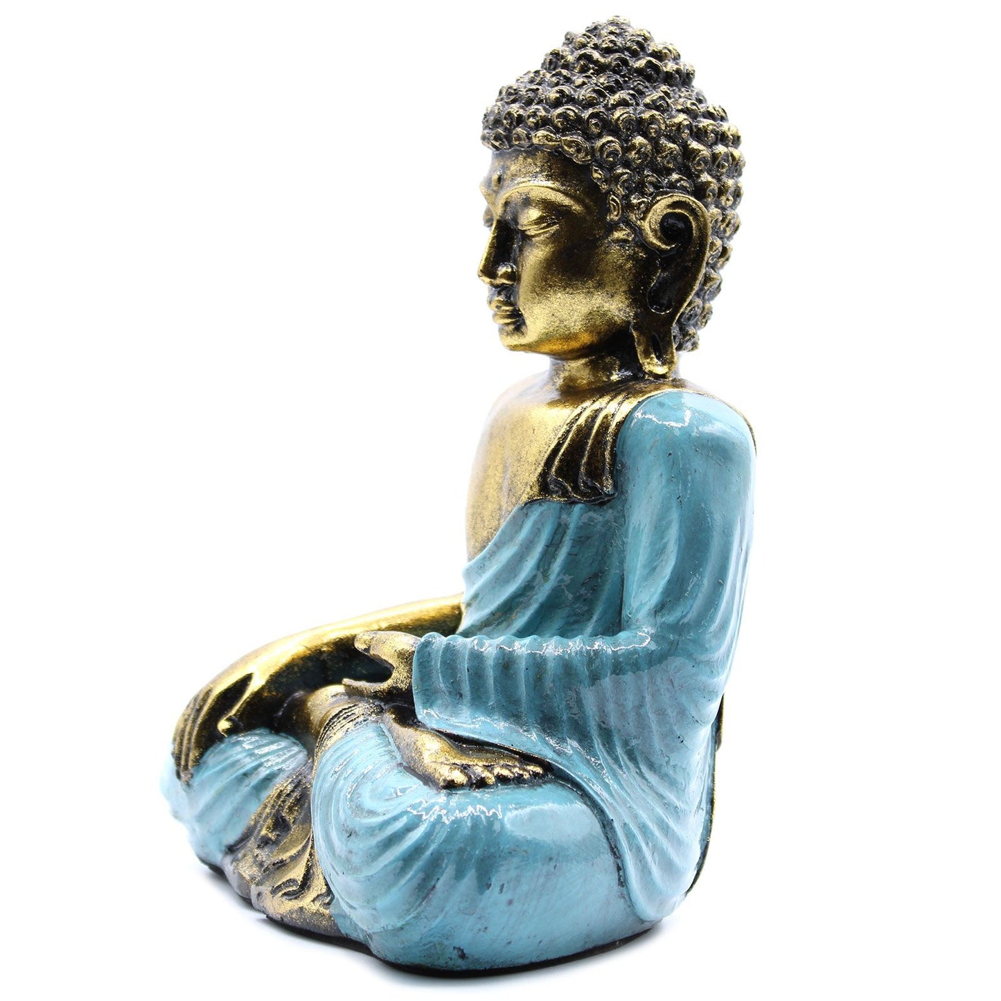 Handbemalte Buddha-Statue in Türkis & Gold - Symbol der inneren Ruhe