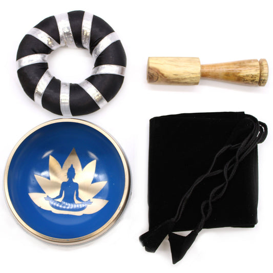 Klangschalen-Set Yoga Moves in Weiß-Blau, 10,7 cm – Handgefertigt aus Messing