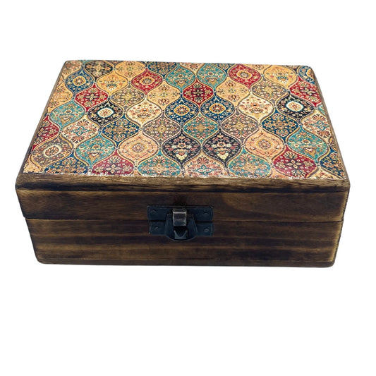 Keramik-Glanz Holzdose mit traditionellem Muster - 15x10x6 cm - Mangoholz