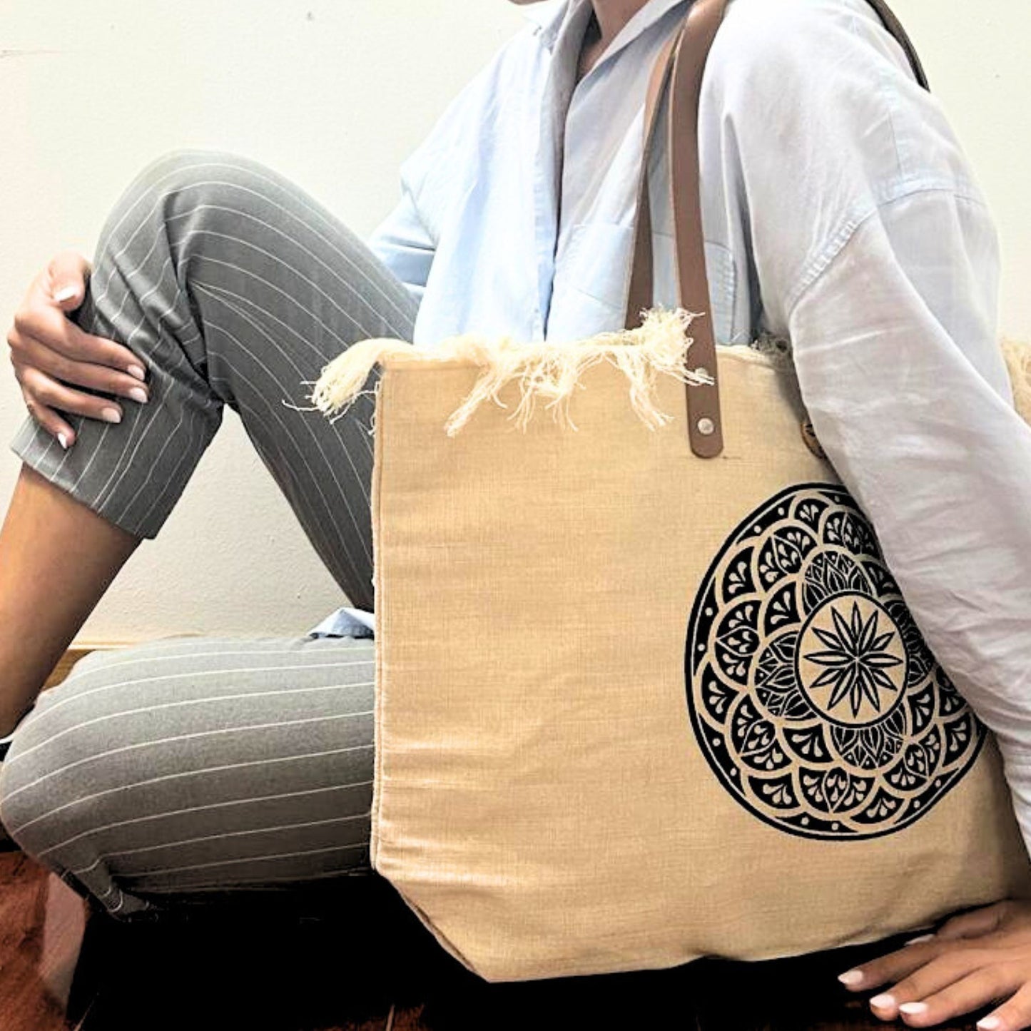 Mandala Baumwolltasche mit Lederhenkeln – Nachhaltige Shopper