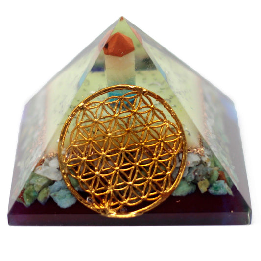 Orgonit-Pyramide mit Lebensblume – 7 cm Energiegenerator aus Edelsteinen