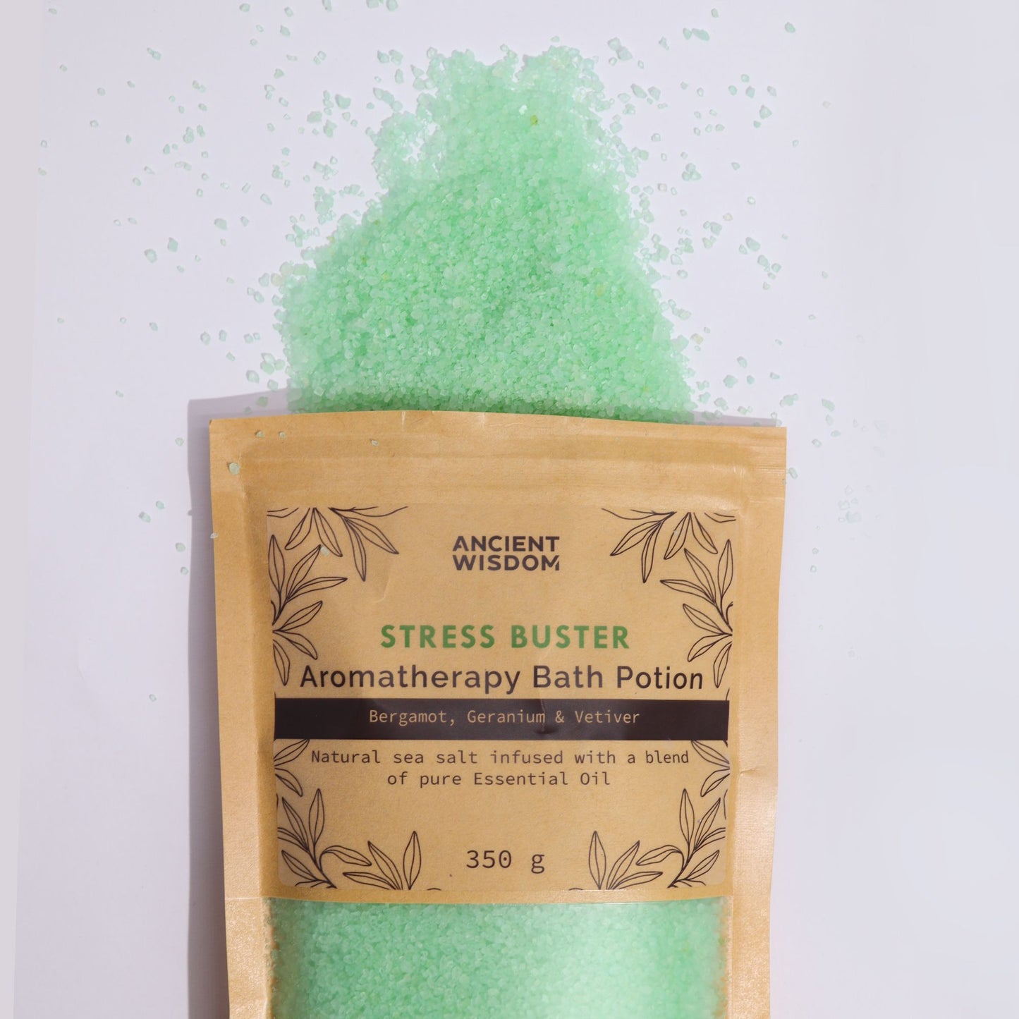 Aromatherapie Badesalz „Stress Buster“ – Bergamotte, Geranie & Vetiver im Kraftpapierbeutel (350g)