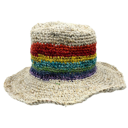 Handgestrickter Festivalhut in Regenbogenfarben - Hanf & Baumwolle