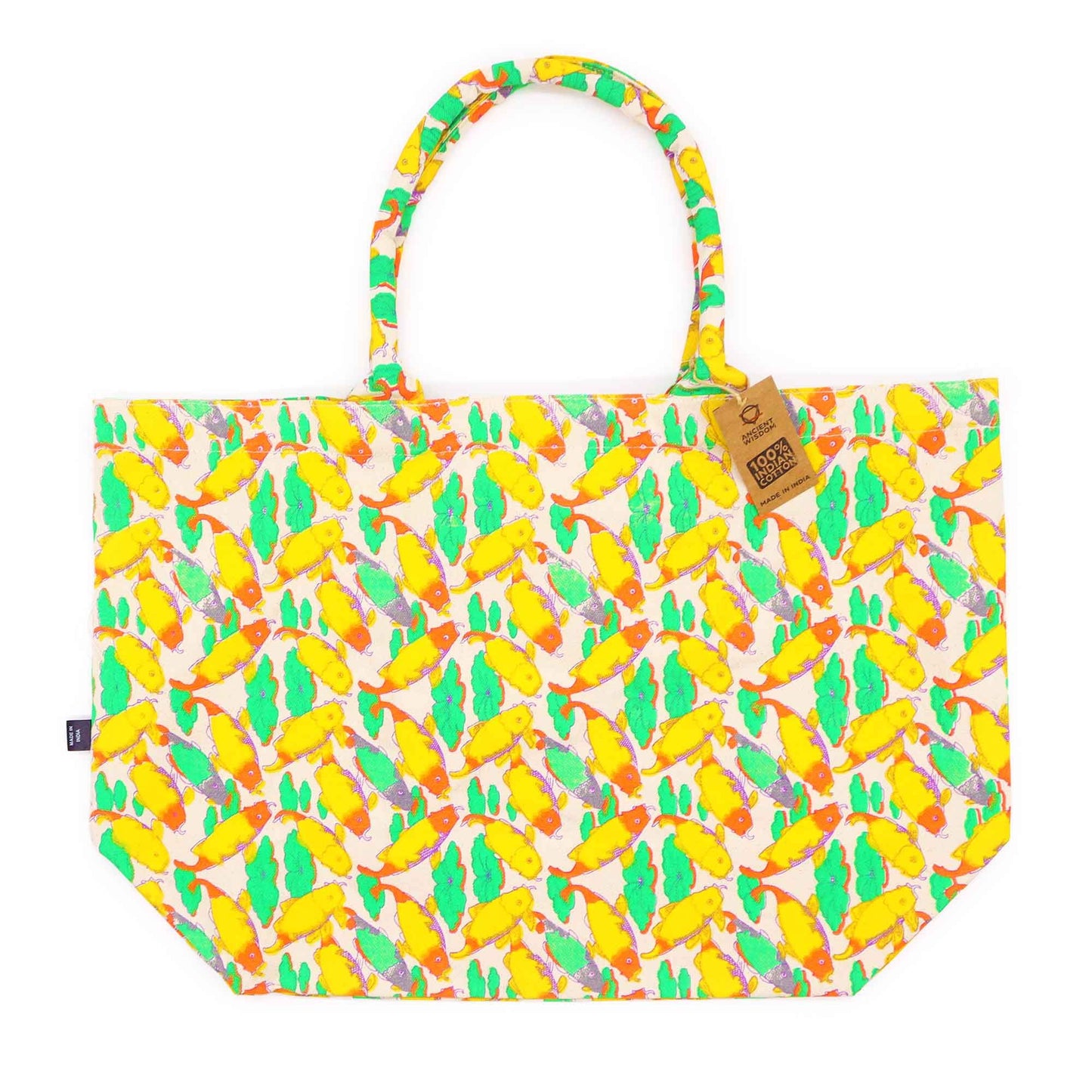 Große Baumwolltasche 'Strahlender Koi' – Leuchtendes Design in Gelb, Grün & Orange