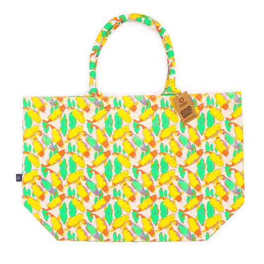 Große Baumwolltasche 'Strahlender Koi' – Leuchtendes Design in Gelb, Grün & Orange