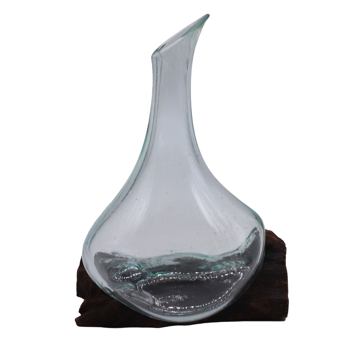 Handgefertigter Mini-Dekanter aus Glas auf Gamal-Holz – 20 cm