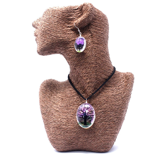 Schmuckset 'Baum des Lebens' mit echtem Lavendel – Halskette & Ohrringe