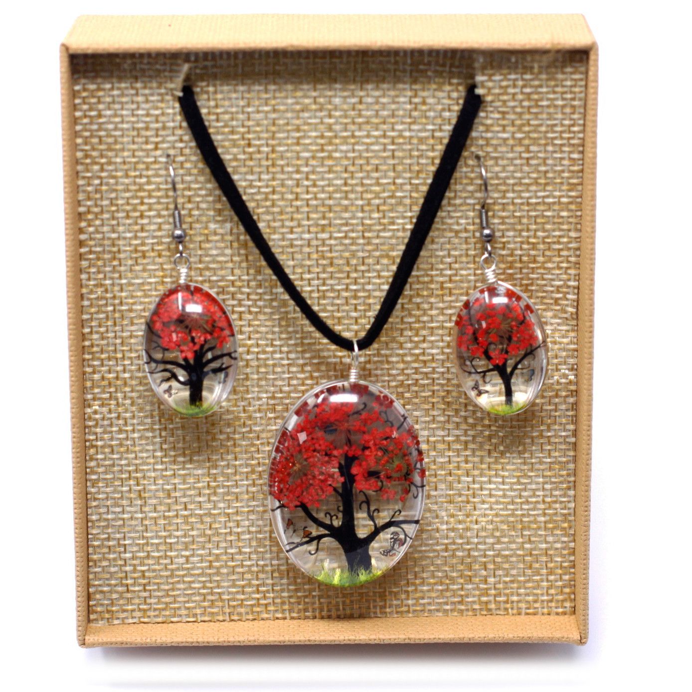 Schmuckset 'Baum des Lebens' in Koralle - Halskette & Ohrringe mit echten Blüten