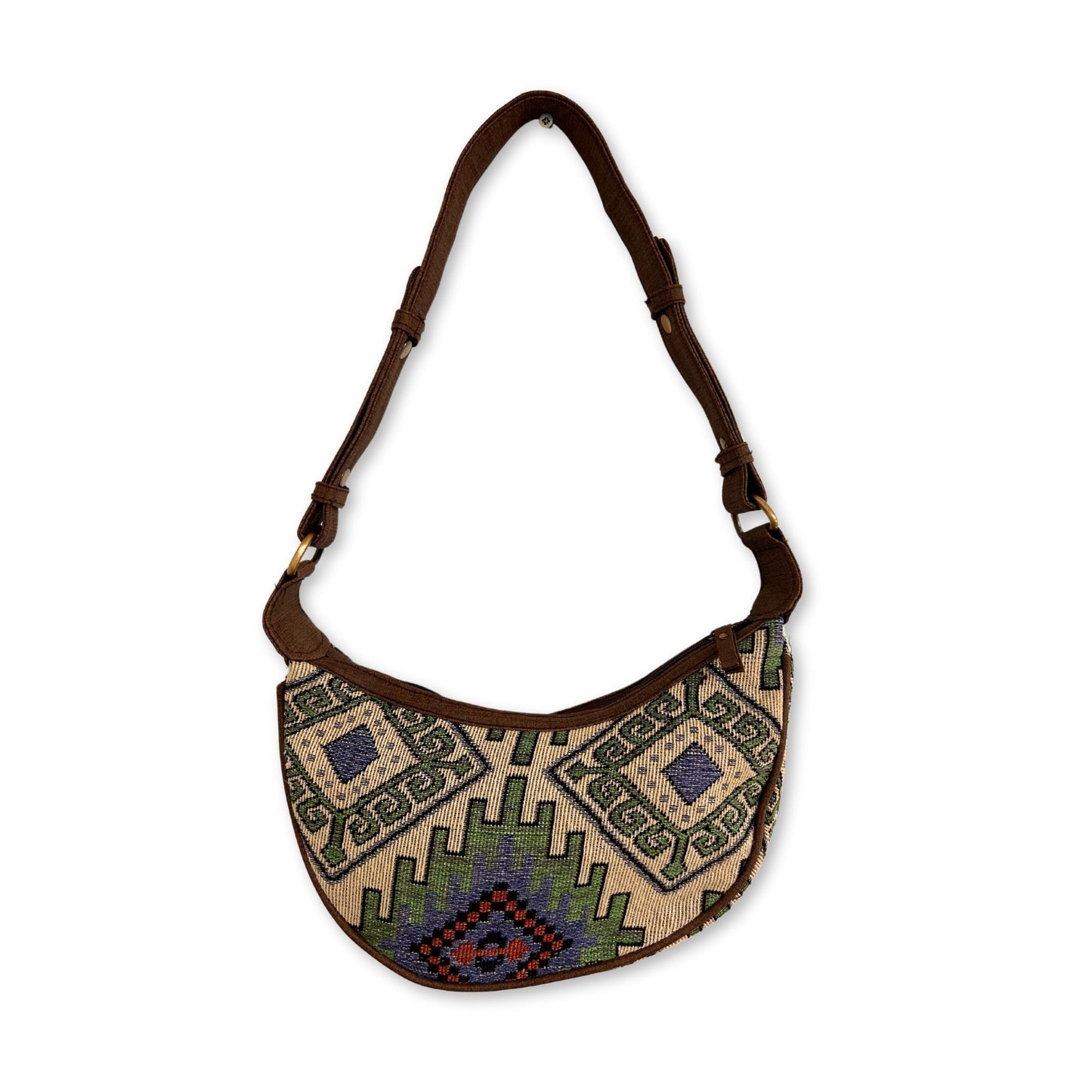 Hobo Tasche in Geo-Grün mit braunem Trageriemen – Handgewebter Baumwoll-Jacquard