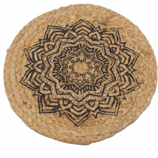 Rundes Tischset Mandala-Druck – Natürliche Jute & Baumwolle, 30 cm