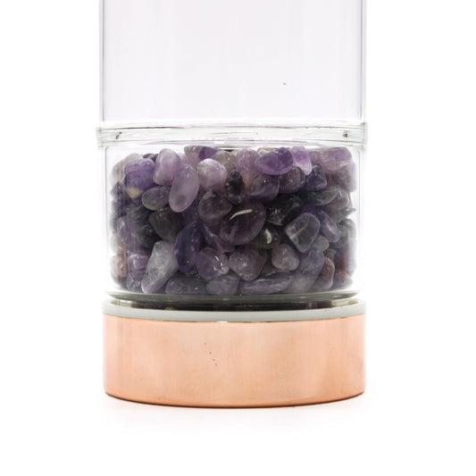 Amethyst Tee-Infuser Glasflasche mit Roségold-Deckel – Inkl. Neoprenhülle