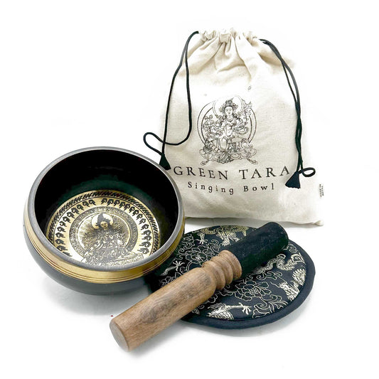 Handgehämmertes Klangschalen-Set 'Grüne Tara' – 14 cm Messing mit Zubehör