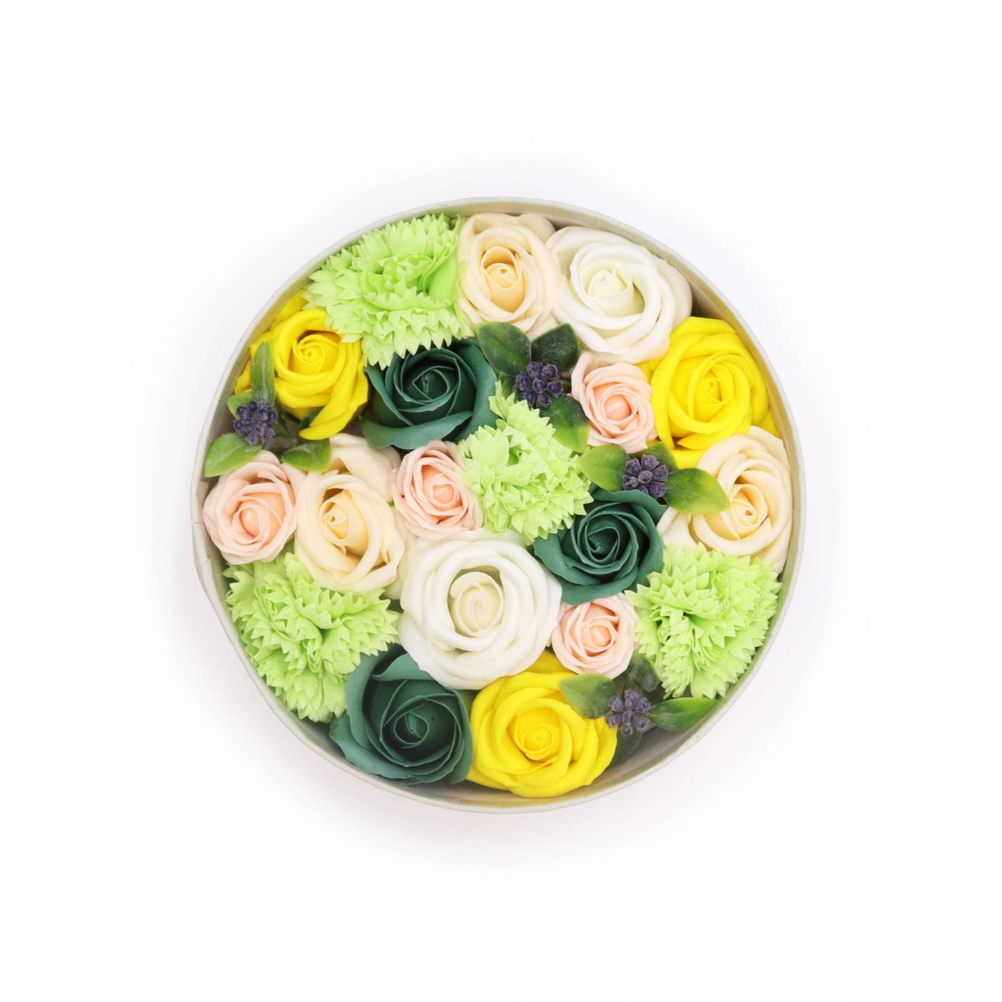 Frühlingshafte Seifenblumen-Geschenkbox in Gelb und Grün