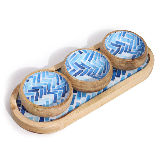 Mangoholz Tablett-Set mit 3 Schalen - Handbemaltes Blau-Weiß Streifendesign