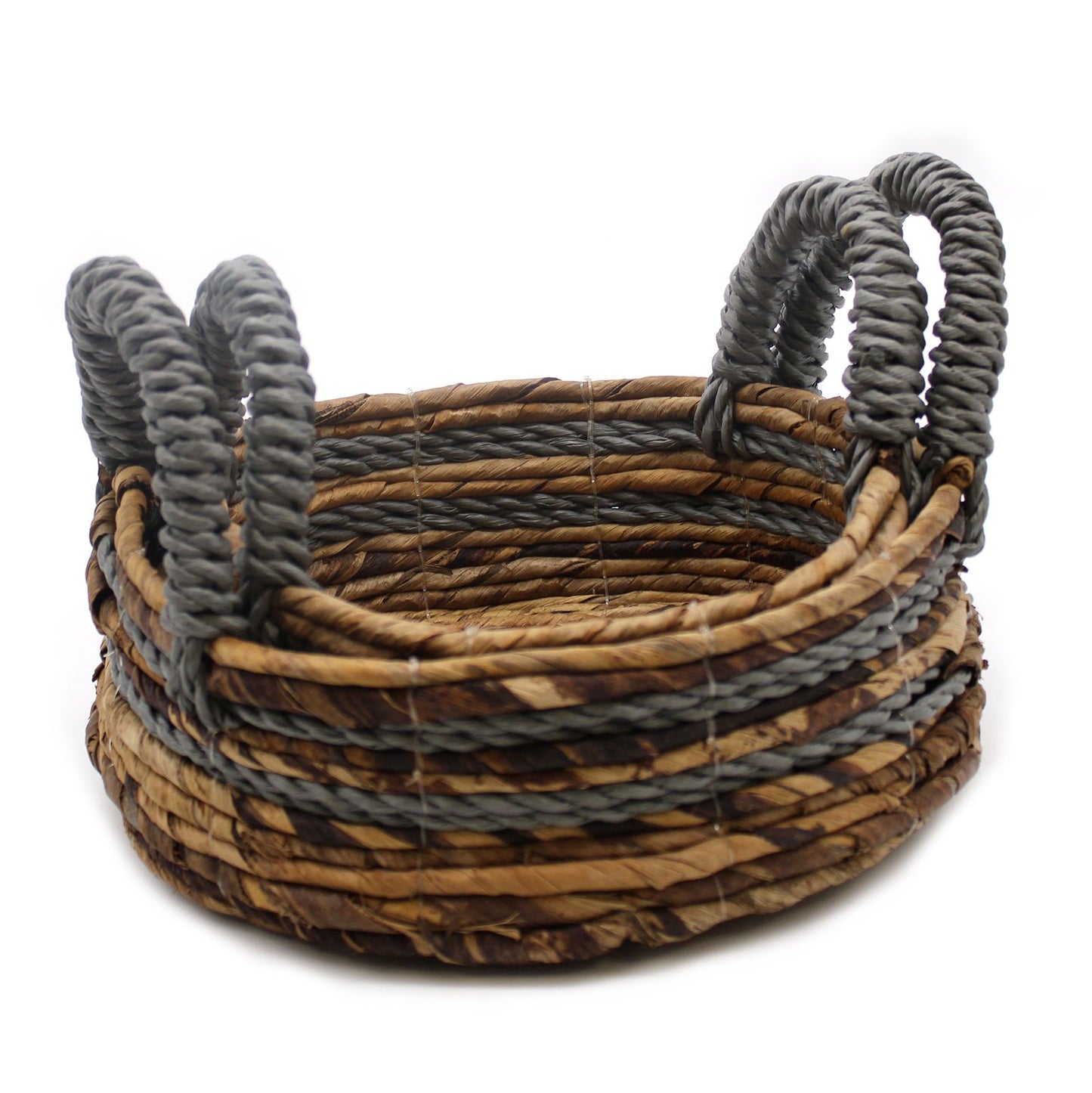 Set aus 2 grauen Raffia-Körben mit Bananenblatt-Dekor – Handgeflochten, 30x30x25 cm