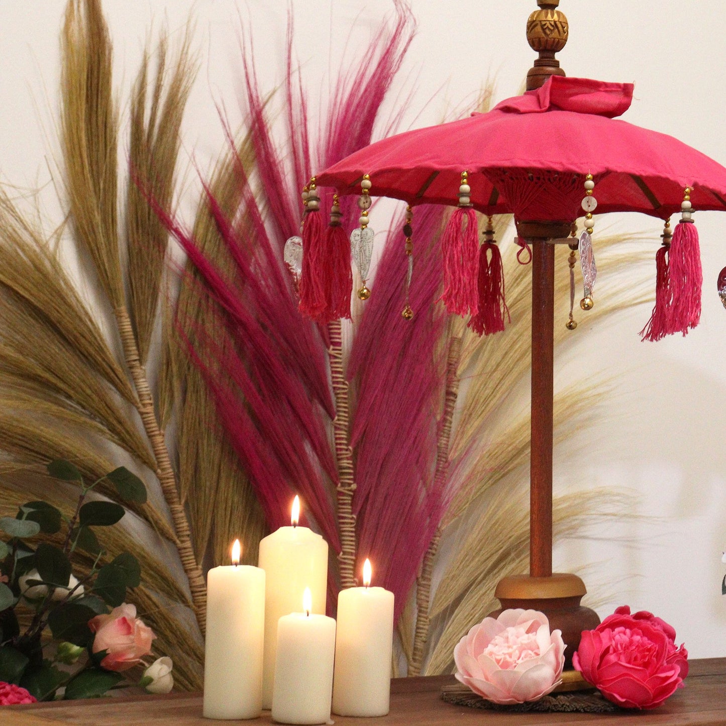 Dekoschirm Bali in Pink, 40cm - Handgefertigt aus Baumwolle und Holz