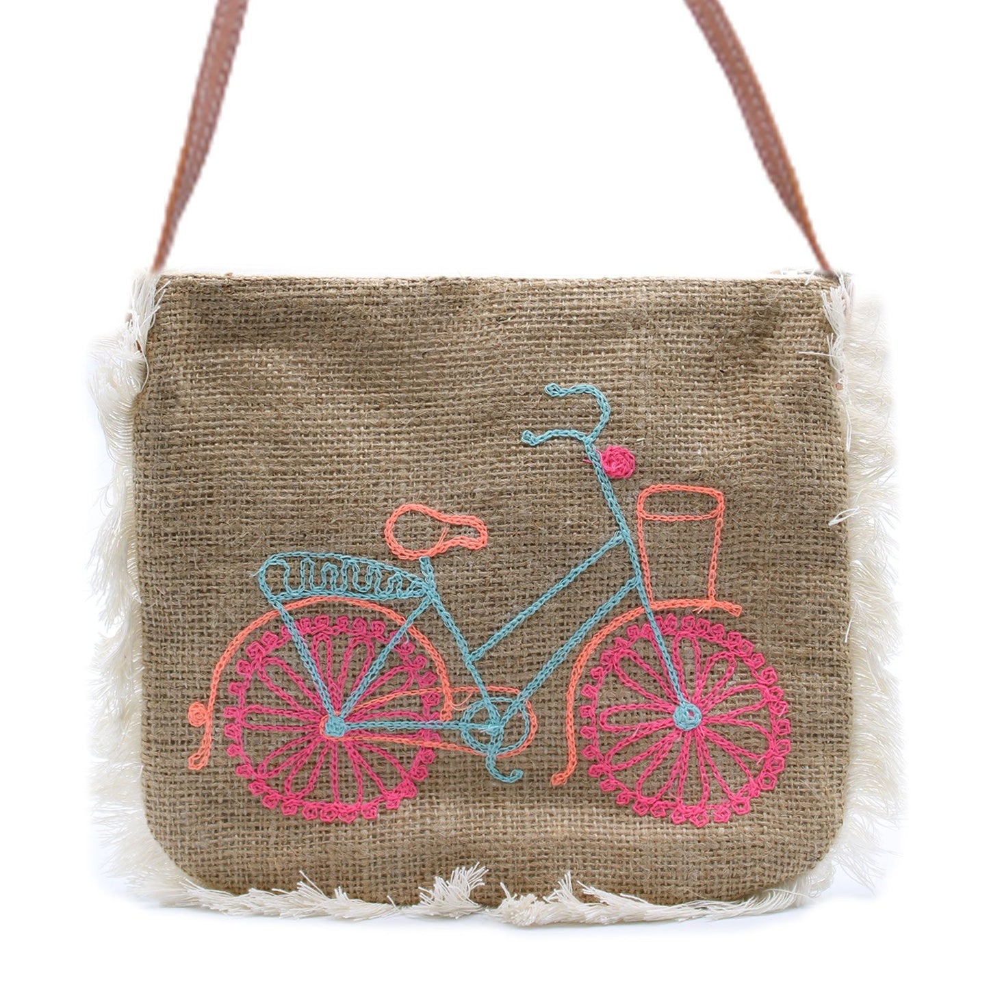 Jute-Fransentasche mit handgesticktem Fahrrad-Motiv