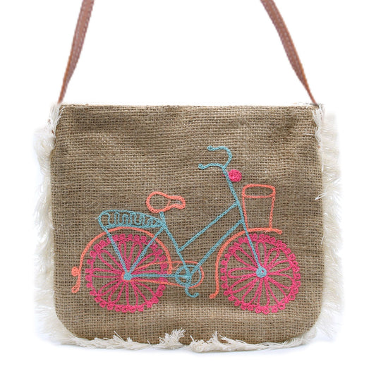 Jute-Fransentasche mit handgesticktem Fahrrad-Motiv