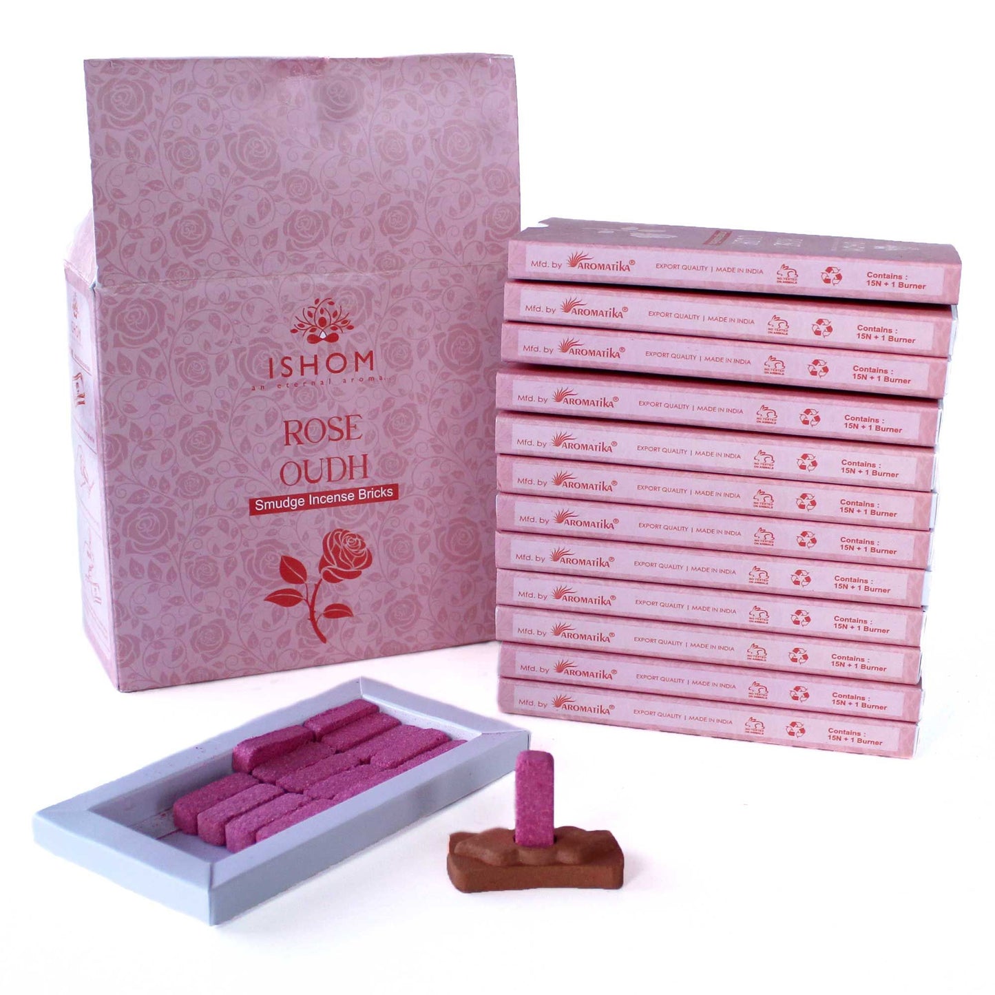 Natürliche Räucherziegel Rosenholz mit Terrakotta-Halter – 15 Stück Set